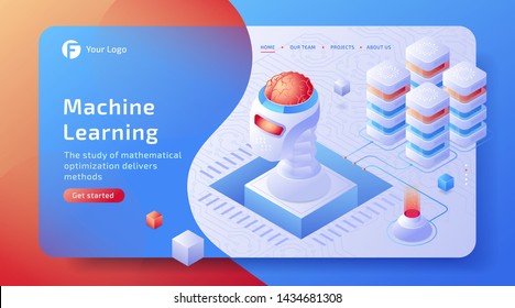3D isometric Artificial intelligence (AI) data connection concept with digital brain. Network future technology. Landing page, hero banner template. Business illustration.