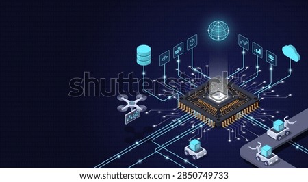 3D isometric Artificial Intelligence AI Microchip vector concept. Automated data processing ecosystem with robots, drone, global network, cloud computing and big data infrastructure.