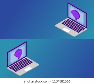 3D Isometric artificial intelligence business or medicine concept. Telemedicine flat illustration. Human brain, side view, on laptop screen.