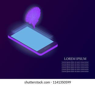 3D Isometric artificial intelligence business or medicine concept. Telemedicine flat illustration. Human brain, side view, on tablet or smartphone screen.