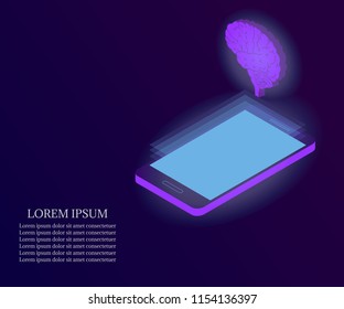 3D Isometric artificial intelligence business or medicine concept. Telemedicine flat illustration. Human brain, side view, on tablet or smartphone screen.