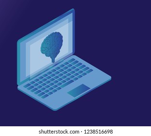 3D Isometric artificial intelligence business or medicine concept. Telemedicine flat illustration. Human brain, side view, on laptop screen.