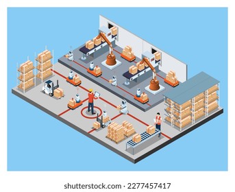 3D isometric automated warehouse robots and Smart warehouse technology Concept with Warehouse Automation System and Robot Transportation operation service. Vector illustration EPS 10