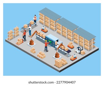 3D isometric automated warehouse robots and Smart warehouse technology Concept with Warehouse Automation System and Robot Transportation operation service. Vector illustration EPS 10