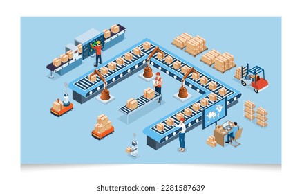 3D isometric automated warehouse robots and Smart warehouse technology Concept with Warehouse Automation System and Robot Transportation operation service. Vector illustration EPS 10