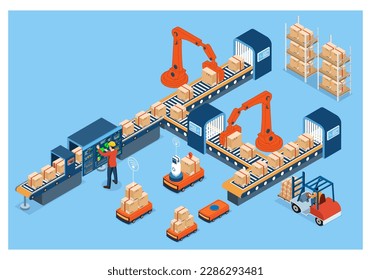 3D isometrische Roboter für automatisierte Lagerroboter und intelligente Lagertechnik mit Lagerautomationssystem und autonomem Robotertransport in Lagern. Vektorgrafik EPS10