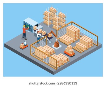 3D isometric automated warehouse robots and Smart warehouse technology Concept with Warehouse Automation System, Autonomous robot, Transportation operation service. Vector illustration EPS 10