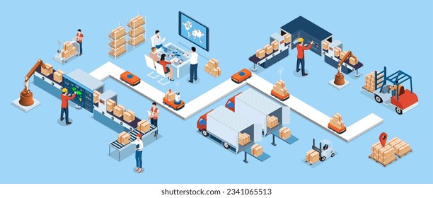 3D isometric automated warehouse robots and Smart warehouse technology Concept with Warehouse Automation System and Autonomous Robot Transportation operation service. Vector illustration EPS 10