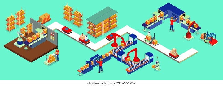 3D isometric automated warehouse robots and Smart warehouse technology Concept with Warehouse Automation System, Autonomous robot, Transportation operation service. Vector illustration EPS 10