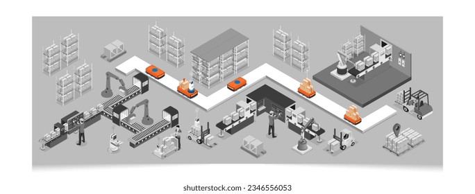 3D isometric automated warehouse robots and Smart warehouse technology Concept with Warehouse Automation System and Autonomous Robot Transportation operation service. Vector illustration EPS 10