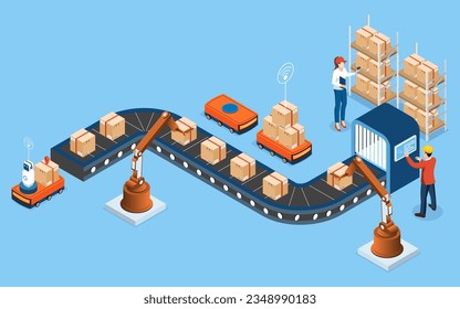 3D isometric automated warehouse robots and Smart warehouse technology Concept with Warehouse Automation System and Autonomous Robot Transportation operation service. Vector illustration EPS 10