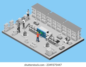 3D isometrische automatisierte Lagerroboter und intelligente Lagertechnik Konzept mit Lager Automation System, Autonome Roboter, Transportbetrieb Service. Vektorgrafik EPS10