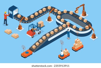 3D isometric Automated Warehouse Robots and Smart warehouse technology Concept with Warehouse Automation System and Autonomous Robot Transportation operation service. Vector illustration EPS 10