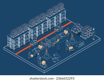 3D isometric automated warehouse robots and Smart warehouse technology Concept with Warehouse Automation System, Autonomous robot, Transportation operation service. Vector illustration EPS 10