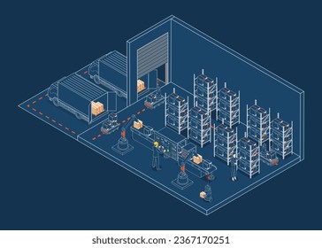 3D isometric Automated Warehouse Robots and Smart warehouse technology Concept with Warehouse Automation System and Autonomous Robot Transportation operation service. Vector illustration EPS 10