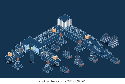 3D isometric automated warehouse robots and Smart warehouse technology Concept with Warehouse Automation System, Belt conveyor and Robot Transportation operation service. Vector illustration EPS 10