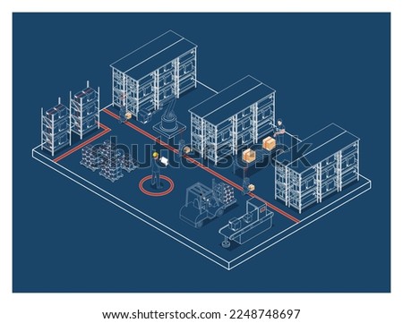 3D isometric automated warehouse robots and Smart warehouse technology Concept with Warehouse Automation System and Robot Transportation operation service. Vector illustration EPS 10