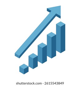 3D isometric bar graph with rising columns and a large upward arrow, symbolizing business growth, success, and positive trends. Vector illustration