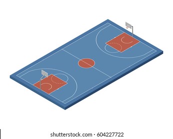 3D isometric basketball court with official dimensions, blue & orange colors. Sport theme vector illustration, athletic field, playground, stadium. Perspective view. Isolated editable design element