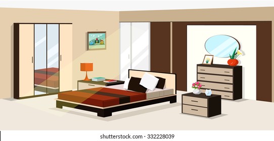 3d isometric bedroom design. Vector illustration of Modern room furniture: bed, wardrobe, nightstands, mirror, lamp, chest of drawers.