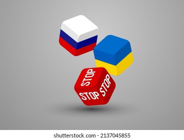 3D isometric bet Dice with Ukraine and Russia flag pattern, Pray Peace and Stop war crisis concept design illustration isolated on grey gradients background with copy space, vector eps 10