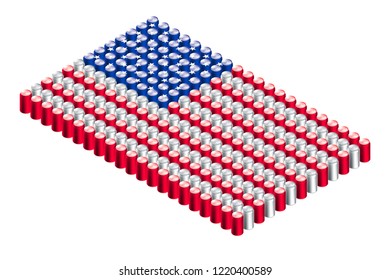 3D Isometric beverage can in row, United States national flag shape concept design illustration isolated on white background, Editable stroke