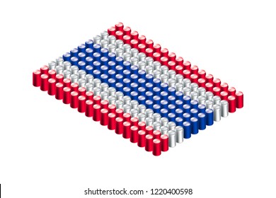 3D Isometric beverage can in row, Thailand national flag shape concept design illustration isolated on white background, Editable stroke