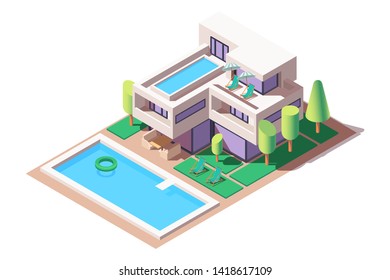 3d isometric big house with modern design and pool. Concept isolated expensive building with tree, water and relax zone. Low poly. Vector illustration.