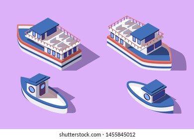 3d isometric big and small boat and barge. Concept water vehicle for passenger delivery, ship for tours and travel. Low poly. Vector illustration.