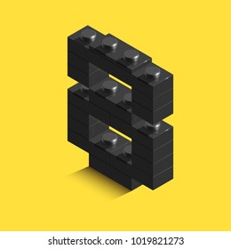3d isometric black number Eight from lego brick on yellow background. 3d number from lego bricks. Realistic number