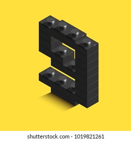 3d isometric black number Nine from lego brick on yellow background. 3d number from lego bricks. Realistic number