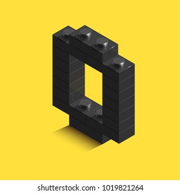 3d isometric black number Zero from lego brick on yellow background. 3d number from lego bricks. Realistic number