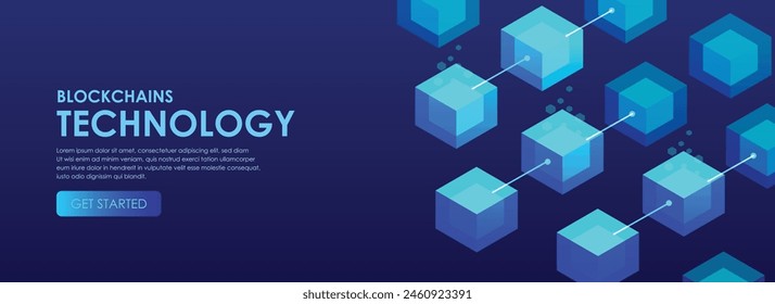 Concepto de tecnología de blockchain y criptomoneda isométrica 3D, ilustración de la cadena de bloques isométricos y Vector de texto 