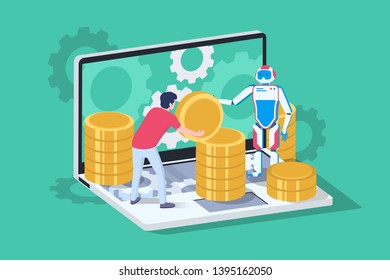 3d isometric blockchain ISO with server, laptop, bitcoin and man with support robot. Concept isolated modern device in web, new progressive technology business. Low poly. Vector illustration.