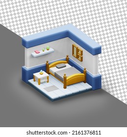 3d isometric blue bedroom for website or anything