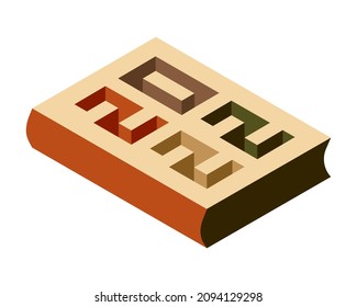3d isometric book with numbers 2022 on the cover. Pastel brown colored geometric form isolated on white background. Depth effect. For concept design, festive decor. Vector illustration.