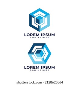 3d isometric box logo design hexagon shape