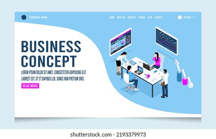 3D isometric brainstroming concept with business people work together in team, discussion and creation process.  Vector illustration eps10