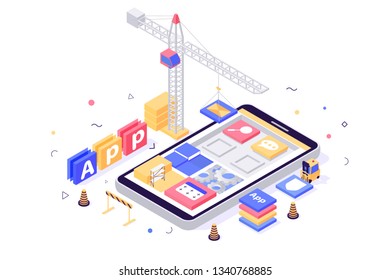 3d isometric build mobile application with search, message, setting, book icons, crane, forklift. Concept abstract program development with construction equipment. Low poly. Vector illustration.