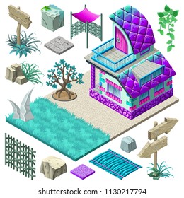 3d isometric building for computer games. Cottage and collection icons create landscape design. Vector cartoon illustration.