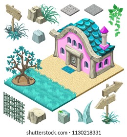 3d isometric building for computer games. Cottage and collection icons create landscape design. Vector cartoon illustration.