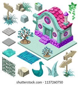 3d isometric building for computer games. Cottage and collection icons create landscape design. Vector cartoon illustration.