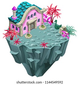 3d isometric building on the island for computer games. Сottage and elements landscape design. Isolated vector cartoon illustration.