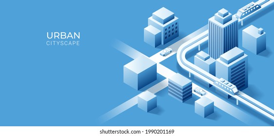 3D Isometric Building On Urban City  Background. Vector Art Illustration