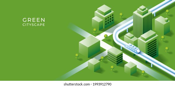 3D isometric building on urban city  background. Green and sustainability with smart city concept. Vector art illustration