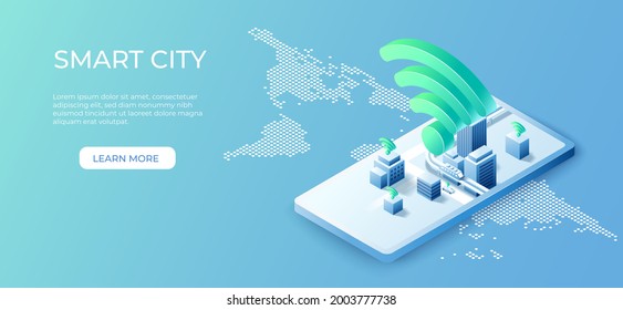 3D isometric building on urban city  background. Digital technology with smart city concept. Vector art illustration