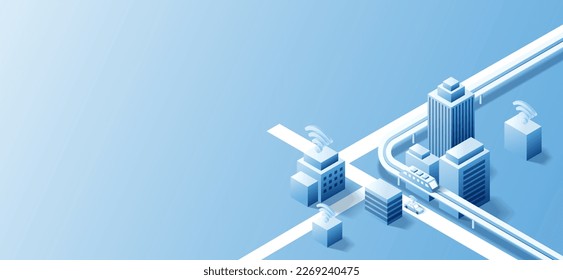 3D isometrisches Gebäude auf städtischem Hintergrund. Digitale Technologie mit intelligentem Stadtkonzept. Vektorgrafik-Illustration