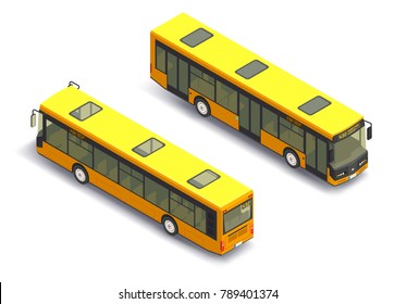 3D isometric bus with front and back view. Isolated yellow buses.