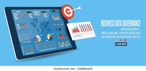 3D isometric business data governance concept with technology security, data security, data protection, research, analysis, Development and science technology.  Vector illustration eps10