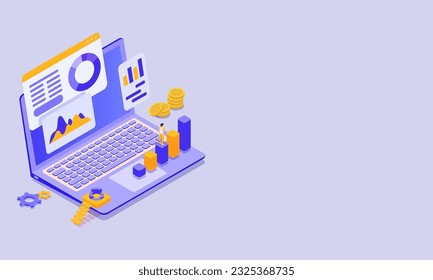 3D Isometric of Business Man Character Standing with Infographic Chart, Golden Coins and Cogwheel on Laptop and Space for Message.